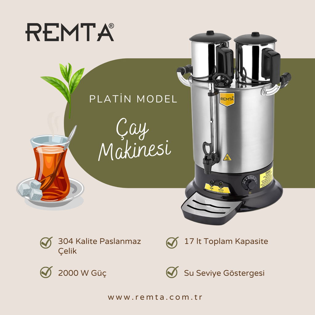 Remta Platin Model Çift Demlikli Çay Makinesi 17 lt (Demlik Dahil) PT14