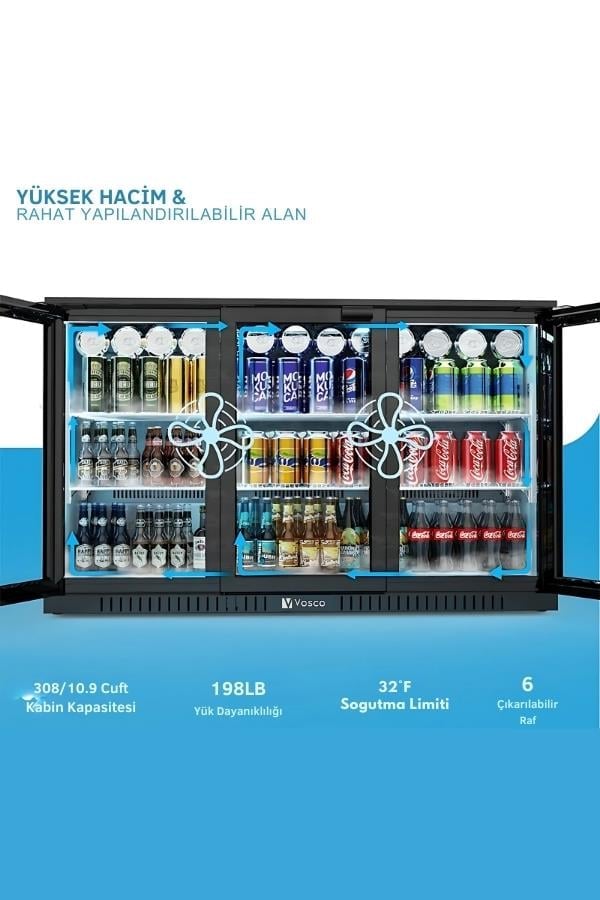 Vosco Bar Altı Şişe Soğutucusu Üç Kapak Siyah Stok Kodu(VBBC-350S)